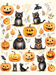 Spooky Jack-o'-lanterns with witches hats and fall leaves