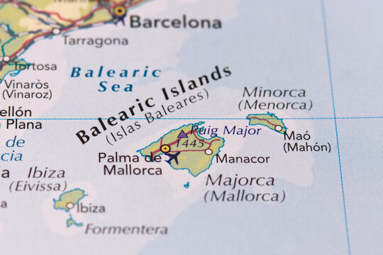 Majorca island in focus on the map, Balearic Islands.