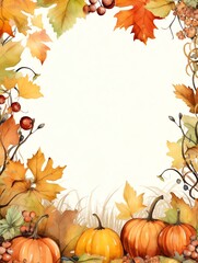 Fototapeta premium Watercolor autumn border with pumpkins, leaves, and berries.