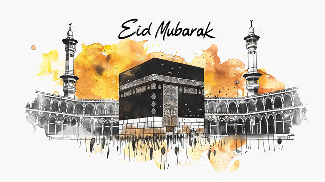 Eid Al Adha Mubarak Greeting card with kaaba in watercolor style on white background.