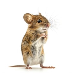 Cute mouse standing on back feet on white background