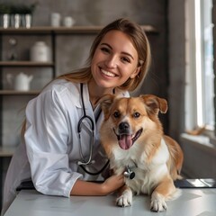 A friendly female veterinarian with a neat hairstyle smiles warmly next to a dog on the examination table in a new, light, and spacious minimalist veterinary clinic