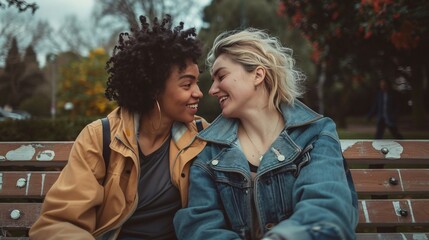 Obraz premium An LGBTQ+ couple sitting close together on a park bench, deep in conversation and enjoying each other's company