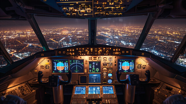 View inside a cockpit in an airplane that flying in the sky above city at night view with clear sky.