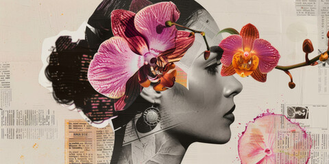 Artistic Portrait of Woman with Floral Headpiece and Vintage Newspaper Collage