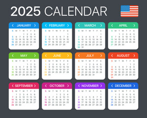 2025 Calendar - vector template graphic illustration - United States version