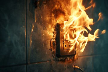 Dangerous fire emerges from an electrical outlet, illustrating a home safety hazard