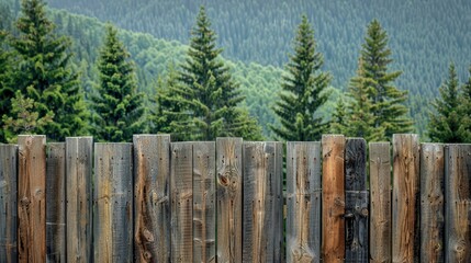 Texture pattern of wooden planks in a fence with pine trees in the background