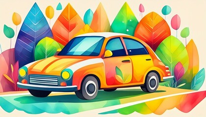 Cute car watercolor illustration in minimal style. Funny transport Transport in the style of a children's drawing