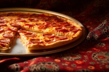 Tempting pizza on a plastic tray against a silk fabric background