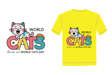 World cats' day typography with cute cat illustration classic t-shirt design