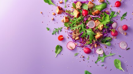 Fresh and Colorful Taco Salad Ingredients on Pastel Purple Background for Advertising Banner