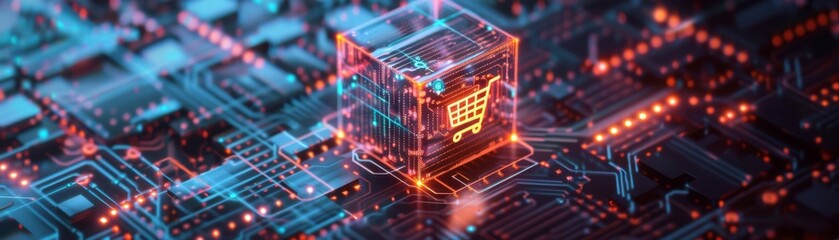 Online shopping and technology fusion, shopping cart icon inside a glowing cube surrounded by complex circuits