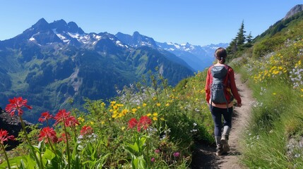 Person with backpack trekking on mountain trail in nature