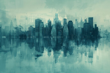 Abstract Urban Skyline Reflection at Twilight Modern Cityscape in Shades of Blue and Green