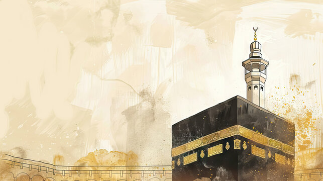 close up kaaba on beige stroke watercolor for islamic greeting hajj for eid adha mubarak.