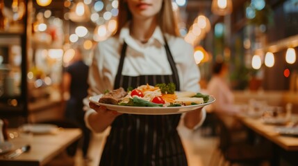 Closeup waitress in uniform holding a tray with food in a hotel or restaurant hall