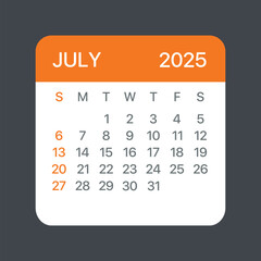 July 2025 Calendar Leaf - Vector template graphic Illustration