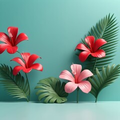 Naklejka premium 3D tropical summer floral arrangement in red and pink on green background for a minimal product presentation .