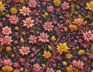 A floral wallpaper design with yellow and pink flowers against a black background.