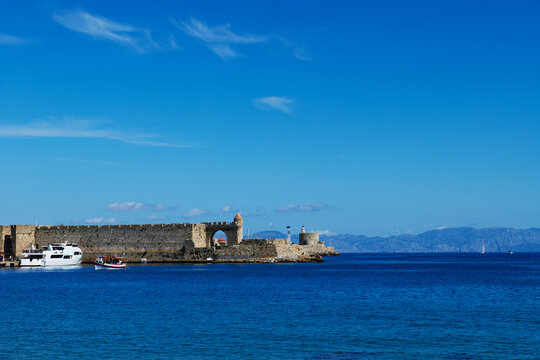 The Ancient walled city along the coastline of Rhodes, Greece, Europe