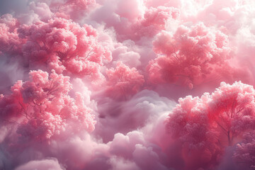 Dreamy Pink Forest Clouds   Surreal Nature Landscape with Cherry Blossom Trees in the Sky