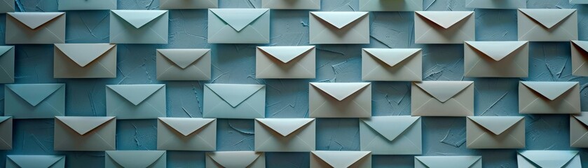 Organized chaos of mail envelopes, neatly arranged on a textured blue surface, representing digital communication