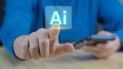 Technology and people concept man use AI to help work, AI Learning and Artificial Intelligence Concept. Business, modern technology, internet and networking concept. AI technology in everyday life.