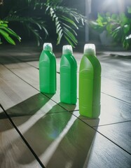 Ecologic, environment friendly cleaning liquids in green bottles on a shining wooden floor. 