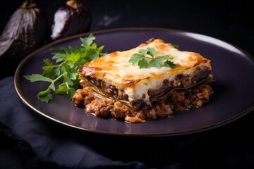 Exquisite moussaka on a slate plate against a silk fabric background