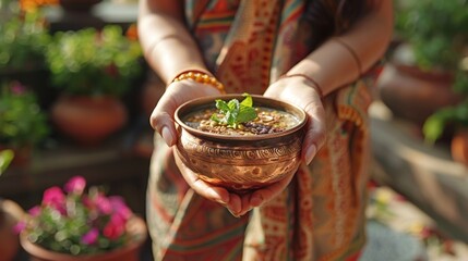 ayurveda expert presenting a copper vessel containing herbal medicine to advocate for natural healthcare approach