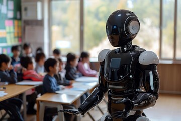 Fototapeta premium Droid dark robot team on training in higher education auditorium communication relationship, study knowledge development.