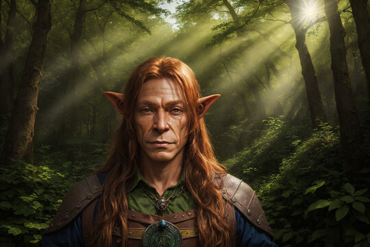 Elvish man in the forest on a hike, fantasy scene