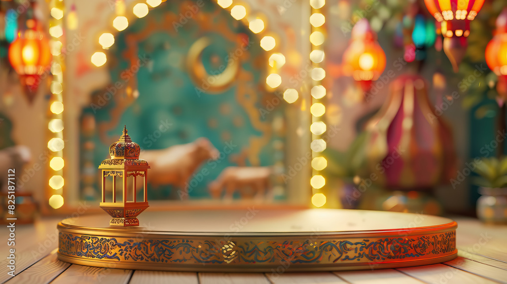 Sticker empty podium placed in a beautifully adorned marketplace with a cow nearby for eid al adha backgroun