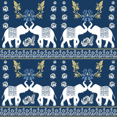 Elephant pattern. Seamless. White stripes, blue navy background. Ethnicity. Floral patterns, printed fabrics, pants,Elephant Ikat,Thai Traditional, ethnic