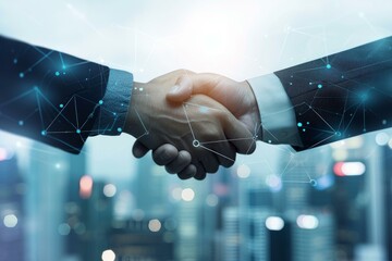 Close-up of a virtual handshake with a digital network overlay on a modern city backdrop