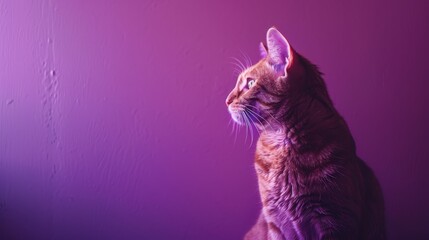 Obraz na płótnie Canvas A cat is sitting on a wall with a purple background