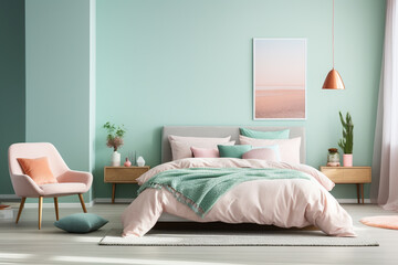 An airy bedroom boasting a light turquoise wall, a cozy blush-pink armchair, and a low-profile bed with vibrant aqua bedding, inviting peace.
