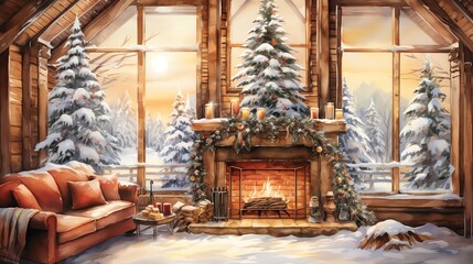 Fototapeta premium Cozy cabin interior with fireplace, Christmas tree, and snow covered windows.