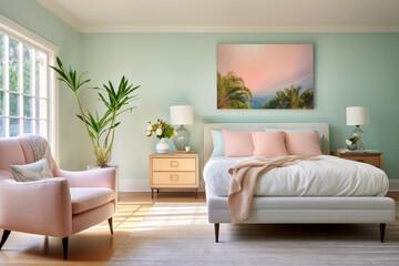 An airy bedroom boasting a light turquoise wall, a cozy blush-pink armchair, and a low-profile bed with vibrant aqua bedding, inviting peace.