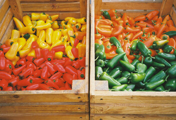 Ripe colourful bell peppers in boxes