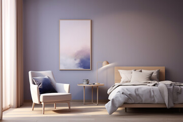 An airy bedroom boasting a light lavender wall, a minimalist sandy beige armchair, and touches of...