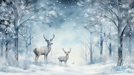 Watercolor illustration of a deer in a snowy forest, perfect for winter holiday or nature themed designs.