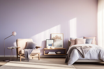 An airy bedroom boasting a light lavender wall, a minimalist sandy beige armchair, and touches of deep blue in the decor, emanating tranquility.