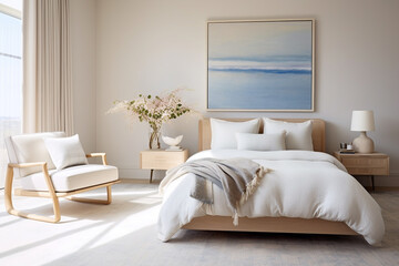 An airy bedroom boasting a light lavender wall, a minimalist sandy beige armchair, and touches of deep blue in the decor, emanating tranquility.