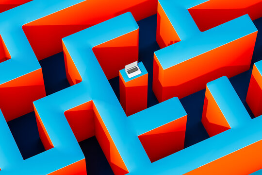 Laptop in Center of orange Maze on Blue Background