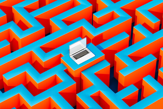 Laptop in Center of orange Maze on Blue Background