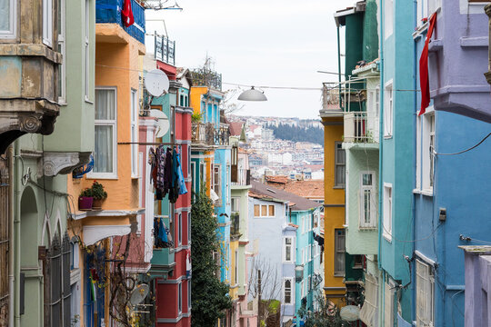 Looking down a street with colorful buildings, Istanbul. 