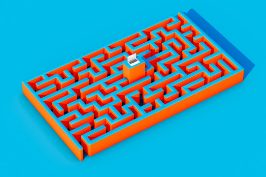 Laptop in Center of orange Maze on Blue Background
