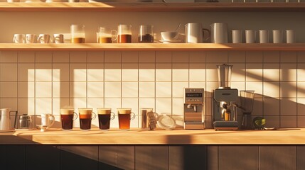 Home Coffee Brewing Methods Display in Sunlit Kitchen - Perfect for Coffee Lovers' Decor or Culinary Print Design